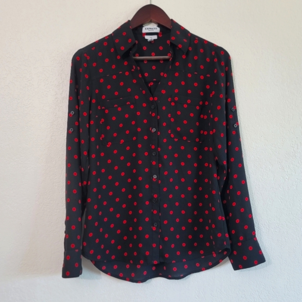 EXPRESS Portofino Slim Fit Spotty Polka Dot Roll Tab Long Leeve Blouse Size Smal